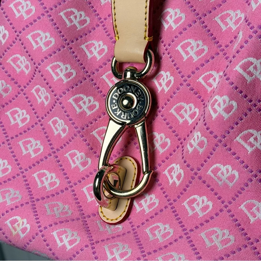 Dooney & Bourke Pink DB Monogram Canvas Satchel Leather Trim Hook Closure - Picture 2 of 11